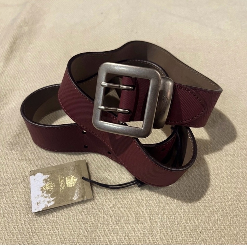 Burberry Red Leather Men's Belt with Aged Silver Buckle